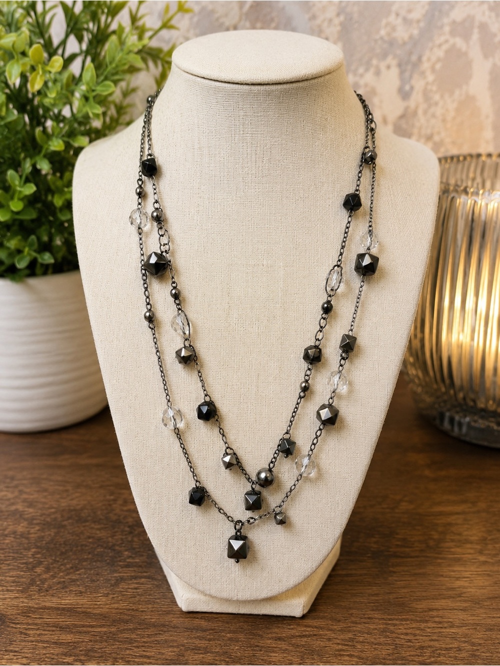 AEO American Eagle Black Gunmetal Multi Strand Beaded Necklace 18-20"